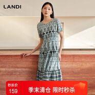 藍地（LANDI）波西米亞風印花復古連衣裙女短袖收腰中長裙夏新品 葉綠色 M