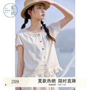 紫涵（ZIHAN）紫涵木耳邊圓領(lǐng)小飛袖T恤女2025年夏季新款甜美寬松彩色排扣上衣 米色 S