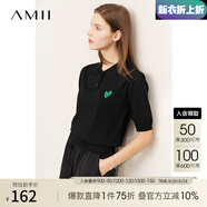 AMII七夕禮物2025年夏新款POLO領(lǐng)公主袖法式刺繡針織衫桃心繡花上衣女 黑色 160/84A/M
