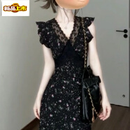 初徑黑色蕾絲拼接碎花連衣裙夏季度假風(fēng)法式氣質(zhì)獨特漂亮斜裁掐腰長(cháng)裙 黑色 高質(zhì)量 M (建議80-105斤)