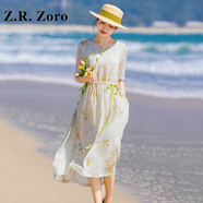 Z.R.Zoro奢侈品連衣裙女2025夏季新款時尚氣質(zhì)大擺裙苧麻印花中式連衣裙女 花色 M