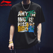 李寧（LI-NING）短袖t恤男夏季薄款涼感冰絲體恤寬松休閑透氣棉質(zhì)圓領運動上衣 黑色-沙灘印花 M /170 (105-125斤)
