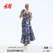 H&M女裝2025秋季新款印花斜紋布短袖泡泡袖V領(lǐng)喇叭形連身裙1297789 白色/藍色花卉 S 160/88