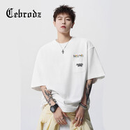 Cebrodz法國 短袖男重磅刺繡短袖T恤男夏季高街設(shè)計五分袖上衣美式體恤 白色 XL