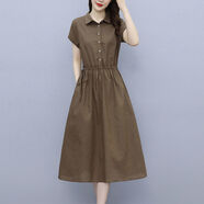 依伊純短袖棉麻連衣裙女收腰顯瘦2025夏季新款韓版氣質(zhì)百搭休閑媽媽裙子 咖啡色 2XL 【建議125-135斤】