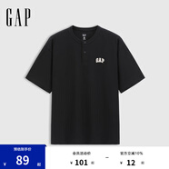 Gap男女裝2025夏季新款純棉刺繡logo亨利領(lǐng)短袖T恤寬松上衣729074 黑色 2XL (185/104A) 亞洲尺碼