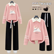 XIPR初中學(xué)生秋冬衣服女12少女大童寬松毛衣搭配加絨褲子休閑兩件套裝 粉色毛衣+黑色褲【套裝】 M 【建議90-105斤】