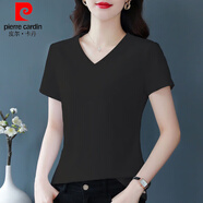 皮爾卡丹（pierre cardin）純棉白色女士t恤短袖v領(lǐng)修身顯瘦韓版百搭雞心領(lǐng)體恤衫打底衫 黑色 3XL 建議130--140斤