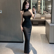 奴風(fēng)法式性感掛脖大露背連衣裙歐美風(fēng)街頭高腰顯瘦開(kāi)叉包臀黑色長(cháng)裙子 黑色 均碼 S