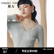 糖力【商場(chǎng)同款】冬新款長(zhǎng)袖鏤空綁帶針織衫女修身打底衫上衣 灰色 M