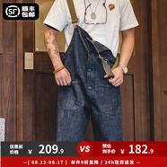 馬登工裝美式復古情侶甲板背帶褲水洗丹寧直筒闊腿牛仔褲休閑長(cháng)褲男潮 牛仔藍 S