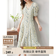 尚都比拉夏季法式碎花連衣裙泡泡袖茶歇裙氣質(zhì)女神范裙子 杏底藍花 M 