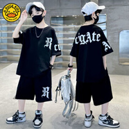 G.duck男童短袖短褲純棉套裝夏季新款中大童潮流時(shí)尚男孩寬松休閑兩件套 黑T恤+黑褲子(MHT-8180) 140 cm(50-65斤)