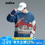 古由卡（GUUKA）美式復古潮牌寬松針織衫毛衣男士秋季林墨同款青少年太陽(yáng)花打底衫 藍色 XL