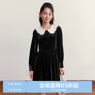 樂町千金風絲絨連衣裙女秋冬新款手勾花領拼接長袖內搭連衣裙 黑色(現貨) M