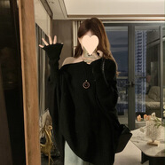龍?zhí)易哟蟠a女裝復(fù)古斜肩蝙蝠袖套頭毛衣寬松長袖針織衫慵懶中長款上衣潮 黑色 M 【建議90-100斤】