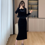 蕭遇（XIAOYU）秋冬名媛風(fēng)厚金絲絨拼接羽毛修身遮肉上衣半身裙套裝 黑色 L