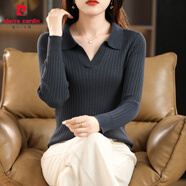 皮爾卡丹（pierre cardin）新款絲光棉針織衫女長(zhǎng)袖翻領(lǐng)韓版POLO領(lǐng)女士打底衫百搭顯瘦毛衣女 深灰色 M 【80-100斤】