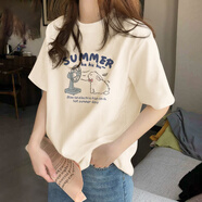 以純（YISHion）奶呼呼純棉短袖T恤女夏季2025新款今年女裝超火減齡寬松上衣 奶黃色-D54風(fēng)扇兔子 L 116-135斤