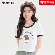 三福（SANFU）短袖T恤女2025新款夏季美式印花撞色短款圓領(lǐng)上衣女裝 米白-小熊 M