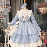 閃動(dòng)少女（SHANDONGSHAONV）洛麗塔裙子全套女2020新款Lolita公主裙學(xué)生洋裝連衣裙OP長袖正新 藍(lán)色連衣裙+胸前蝴蝶結(jié)和小熊仔 L (大碼）