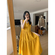 羅蒙（ROMON）品牌高檔女裝棉麻A字無(wú)袖背心連衣裙女夏季寬松顯瘦長(cháng)裙 黃色 2XL 【建議140-155斤】