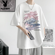 花花公子純棉短袖T恤男重磅2024夏季設(shè)計(jì)感學(xué)生半袖情侶裝寬松體.恤衫潮流 白色 S