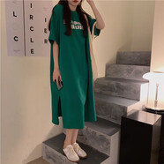 NJSKAKW特大碼300斤休閑T恤裙女胖mm夏季韓版過(guò)膝長(zhǎng)裙遮肉寬松半袖連衣裙 綠色現(xiàn)貨 M 建議80-100斤