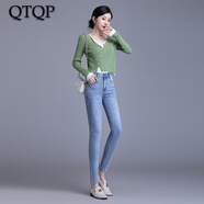 QTQP氣質(zhì)高腰小腳牛仔褲女夏季薄款淺色2025年彈力緊身顯瘦九分鉛筆褲 淺藍(lán)色 26