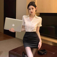 純欲修身短袖襯衫收腰制服OL職業(yè)裝夏季套裝工作服襯衣包裙兩件套 46白色上衣+黑色包裙【套裝】 M