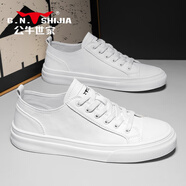 公牛世家（G.N.Shi Jia）男鞋春季休閑皮鞋男士2025新款真皮白底黑面軟底小白板鞋 白色 41
