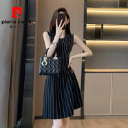 皮爾卡丹（pierre cardin）氣質(zhì)輕熟風(fēng)豎條紋無袖連衣裙夏季2025新款通勤收腰顯瘦a字裙子女 黑色 XL (115-125)
