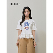 闊色（kuose）蕾絲網(wǎng)紗花邊拼接短袖T恤女2025夏季新款刺繡疊穿白色上衣 白色_現貨 S