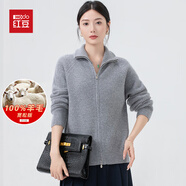 紅豆寬松版100%純羊毛衫女士秋冬厚款半高領(lǐng)開(kāi)衫拉鏈打底衫針織衫毛衣