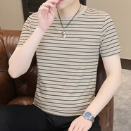慈良冰絲條紋夏季潮流男裝圓領(lǐng)新款短袖T恤男半袖修身速干上衣服 卡其色 2XL (140斤-155斤)