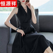 恒源祥V領(lǐng)小黑裙子中長款連衣裙女夏秋季新款赫本風(fēng)顯瘦修身A字裙打底裙 無袖黑色 M 【建議90-105斤穿】