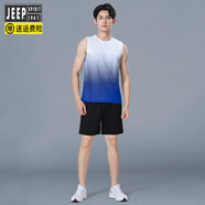 吉普（JEEP）運動套裝男夏季冰絲跑步背心速干衣健身籃球羽毛球中考體育訓(xùn)練服 黑藍(lán)套裝【速干透氣】 L