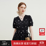 范思藍恩23FS12642茶歇法式碎花連衣裙女夏季新款V領沙灘長裙 黑底白花 XS