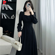 皮爾卡丹（pierre cardin）春裝長(zhǎng)袖方領(lǐng)連衣裙女顯瘦高端精致正式場(chǎng)合氣質(zhì)收腰遮肚中長(zhǎng)款裙 黑色 S 【100以下】