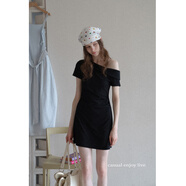 EGGKA波點(diǎn)斜肩收腰連衣裙女夏季新款修身氣質(zhì)顯瘦短袖a字簡(jiǎn)約短裙 黑色 S