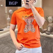 BGP夏季新款男士大碼短袖修身t恤時尚小熊字母印花燙鉆透氣圓領(lǐng)上衣 橙色 L (115-130斤)