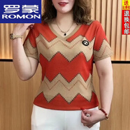 羅蒙（ROMON）冰絲印花條紋小衫2025春夏短袖時(shí)尚顯瘦媽媽裝大碼女裝上衣 FE-028桔紅色 M 【建議85-110斤】