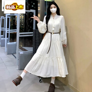 皮爾卡丹（pierre cardin）感顯瘦收腰連衣裙女秋季大碼馬甲波西米亞長袖長裙子兩件套 【單】長款連衣裙 2XL 【140-160斤】