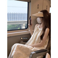 GOYN韓版夏季寬松百搭掛脖無(wú)袖連衣裙女溫柔度假風(fēng)蕾絲鉤花中長(cháng)款裙子 杏色 S