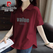 皮爾卡丹（pierre cardin）夏季POLO衫女短袖休閑大碼不規(guī)則弧形下擺寬松顯瘦減齡翻領(lǐng)上衣服 2024酒紅-大圖【C15-A413】2025 3XL 145-160斤