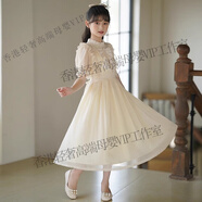 DOMIAMIA女童連衣裙夏季新款洋氣雪紡裙子中大童女孩長(zhǎng)款泡泡袖公主裙 香檳色 110 cm