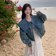 妹丫刺繡娃娃領(lǐng)牛仔外套女春秋2025新款超火好看韓系短款小個(gè)子流行 圖片色 S