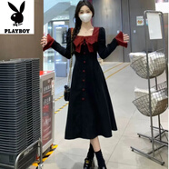 花花公子（PLAYBOY）大碼連衣裙套裝赫本風(fēng)蝴蝶結(jié)撞色疊穿甜美連衣裙方領(lǐng)廢土風(fēng)顯瘦裙 撞色連衣裙(正碼正拍)_1612-旗艦 M _建議100以下