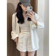 白色工裝棉麻短褲女夏高腰a字顯瘦寬松闊腿小個(gè)子通勤休閑短褲子 白色襯衫 S 均碼