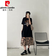 皮爾卡丹紙片人短袖t恤長(zhǎng)裙女2025夏季新款大碼寬松拼接碎花雪紡連衣裙子 黑色 L